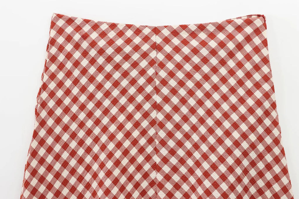 Women Pink Plaid Two-Piece Set Strapless Sling Crop Top with Elastic Waist A-Line Long Skirt Casual Loose Fit Beach Holiday Outfit