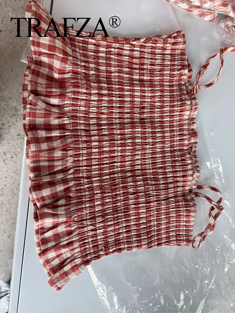 Women Pink Plaid Two-Piece Set Strapless Sling Crop Top with Elastic Waist A-Line Long Skirt Casual Loose Fit Beach Holiday Outfit