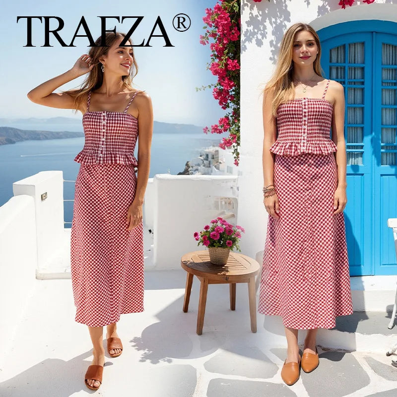 Women Pink Plaid Two-Piece Set Strapless Sling Crop Top with Elastic Waist A-Line Long Skirt Casual Loose Fit Beach Holiday Outfit