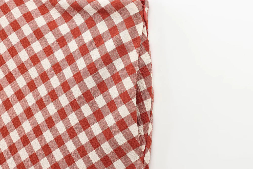 Women Pink Plaid Two-Piece Set Strapless Sling Crop Top with Elastic Waist A-Line Long Skirt Casual Loose Fit Beach Holiday Outfit