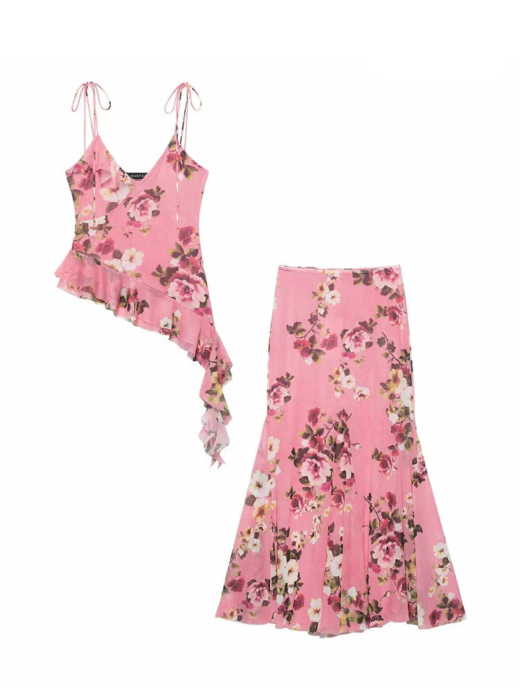 Women's Summer Tulle Floral V-Neck Spaghetti Strap Backless Asymmetric Camisole Top with High Waisted Halter Skirt Set