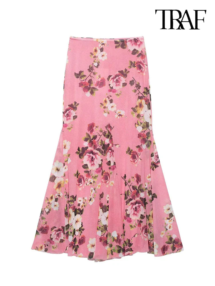 Women's Summer Tulle Floral V-Neck Spaghetti Strap Backless Asymmetric Camisole Top with High Waisted Halter Skirt Set