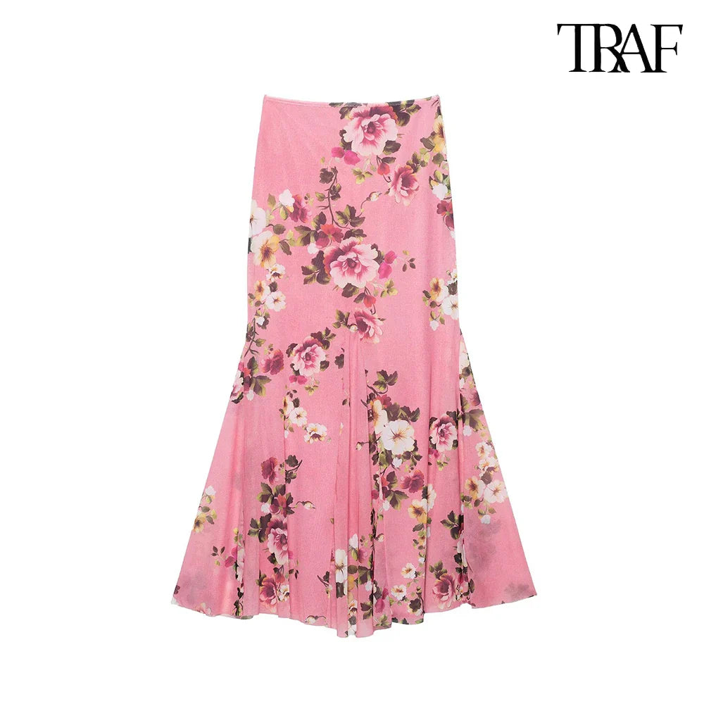 Women's Summer Tulle Floral V-Neck Spaghetti Strap Backless Asymmetric Camisole Top with High Waisted Halter Skirt Set