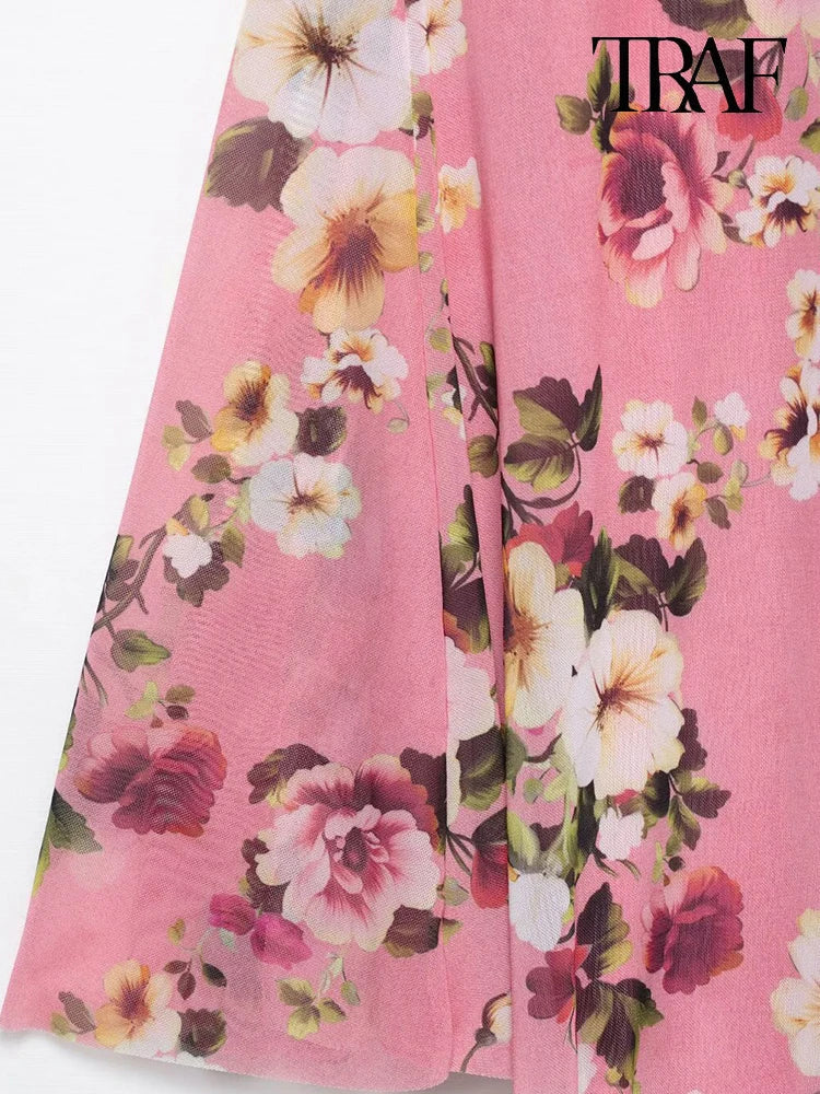 Women's Summer Tulle Floral V-Neck Spaghetti Strap Backless Asymmetric Camisole Top with High Waisted Halter Skirt Set