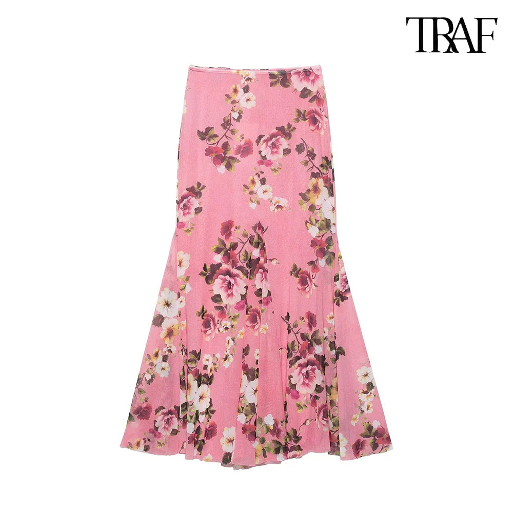 Women's Summer Tulle Floral V-Neck Spaghetti Strap Backless Asymmetric Camisole Top with High Waisted Halter Skirt Set