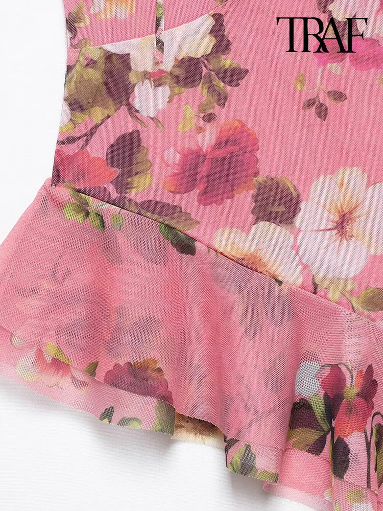 Women's Summer Tulle Floral V-Neck Spaghetti Strap Backless Asymmetric Camisole Top with High Waisted Halter Skirt Set