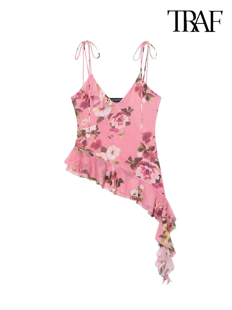 Women's Summer Tulle Floral V-Neck Spaghetti Strap Backless Asymmetric Camisole Top with High Waisted Halter Skirt Set