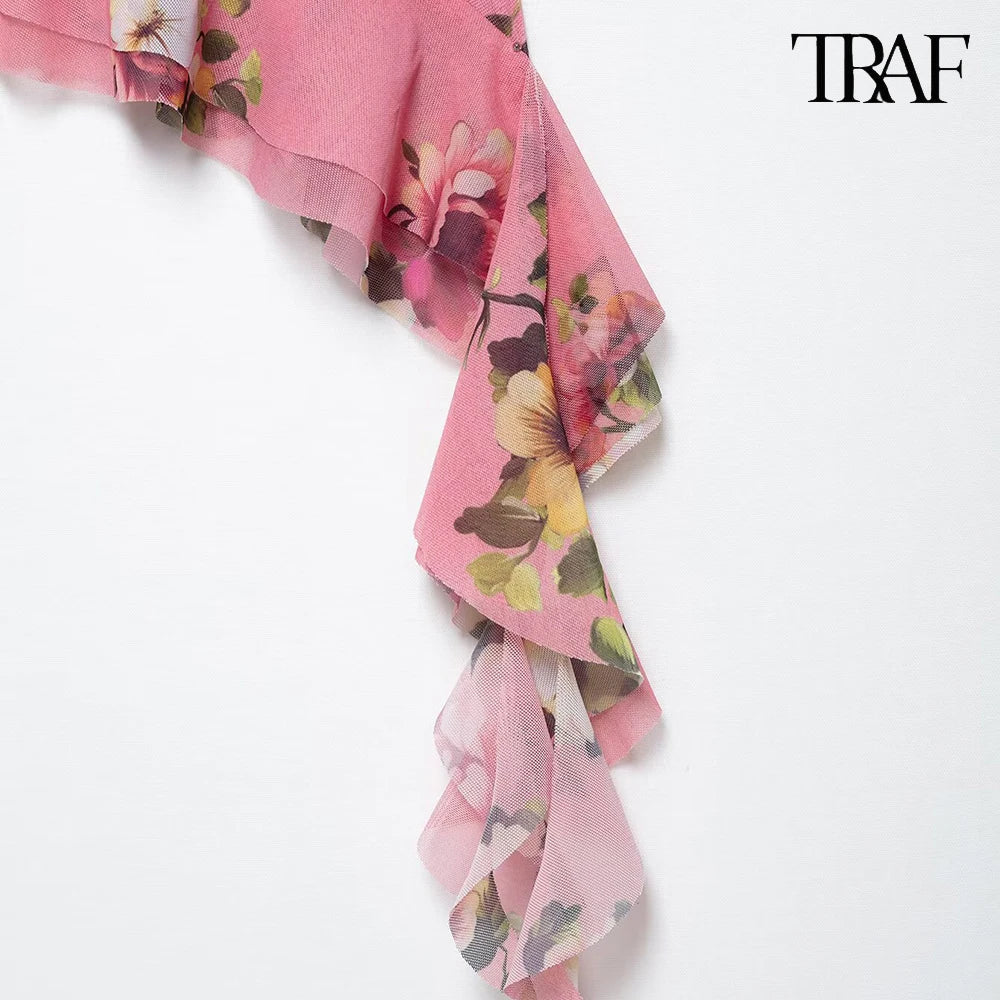 Women's Summer Tulle Floral V-Neck Spaghetti Strap Backless Asymmetric Camisole Top with High Waisted Halter Skirt Set