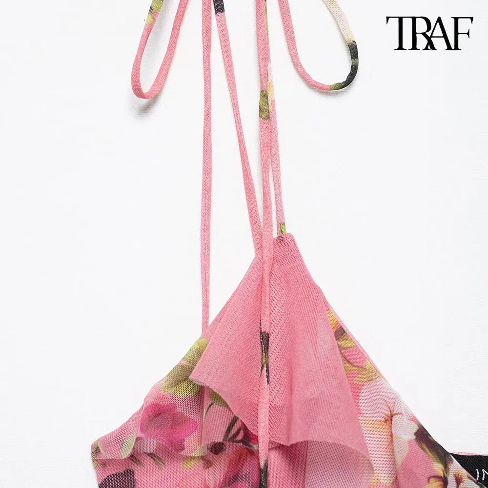 Women's Summer Tulle Floral V-Neck Spaghetti Strap Backless Asymmetric Camisole Top with High Waisted Halter Skirt Set