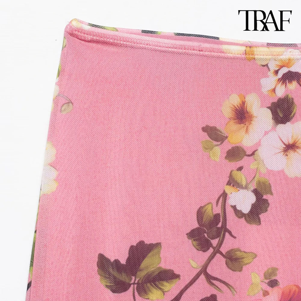 Women's Summer Tulle Floral V-Neck Spaghetti Strap Backless Asymmetric Camisole Top with High Waisted Halter Skirt Set