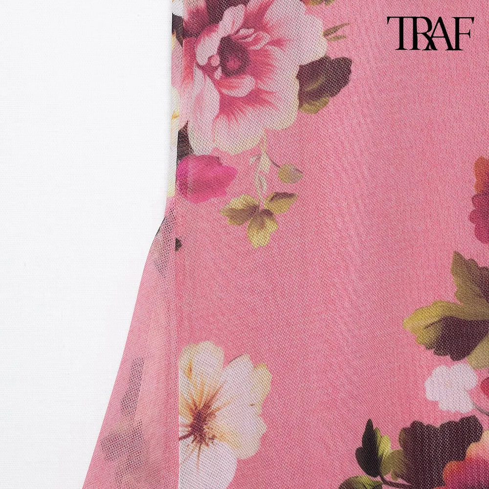 Women's Summer Tulle Floral V-Neck Spaghetti Strap Backless Asymmetric Camisole Top with High Waisted Halter Skirt Set