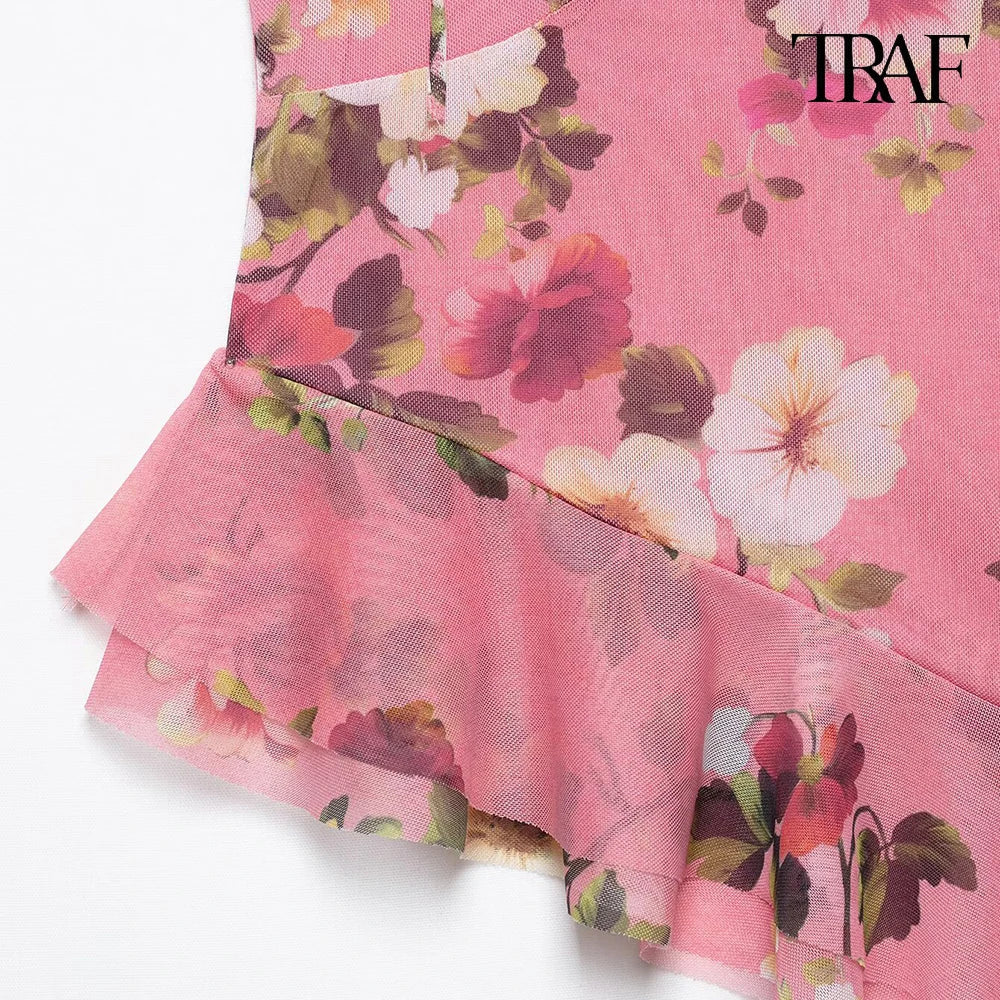 Women's Summer Tulle Floral V-Neck Spaghetti Strap Backless Asymmetric Camisole Top with High Waisted Halter Skirt Set