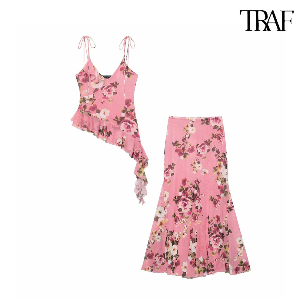 Women's Summer Tulle Floral V-Neck Spaghetti Strap Backless Asymmetric Camisole Top with High Waisted Halter Skirt Set