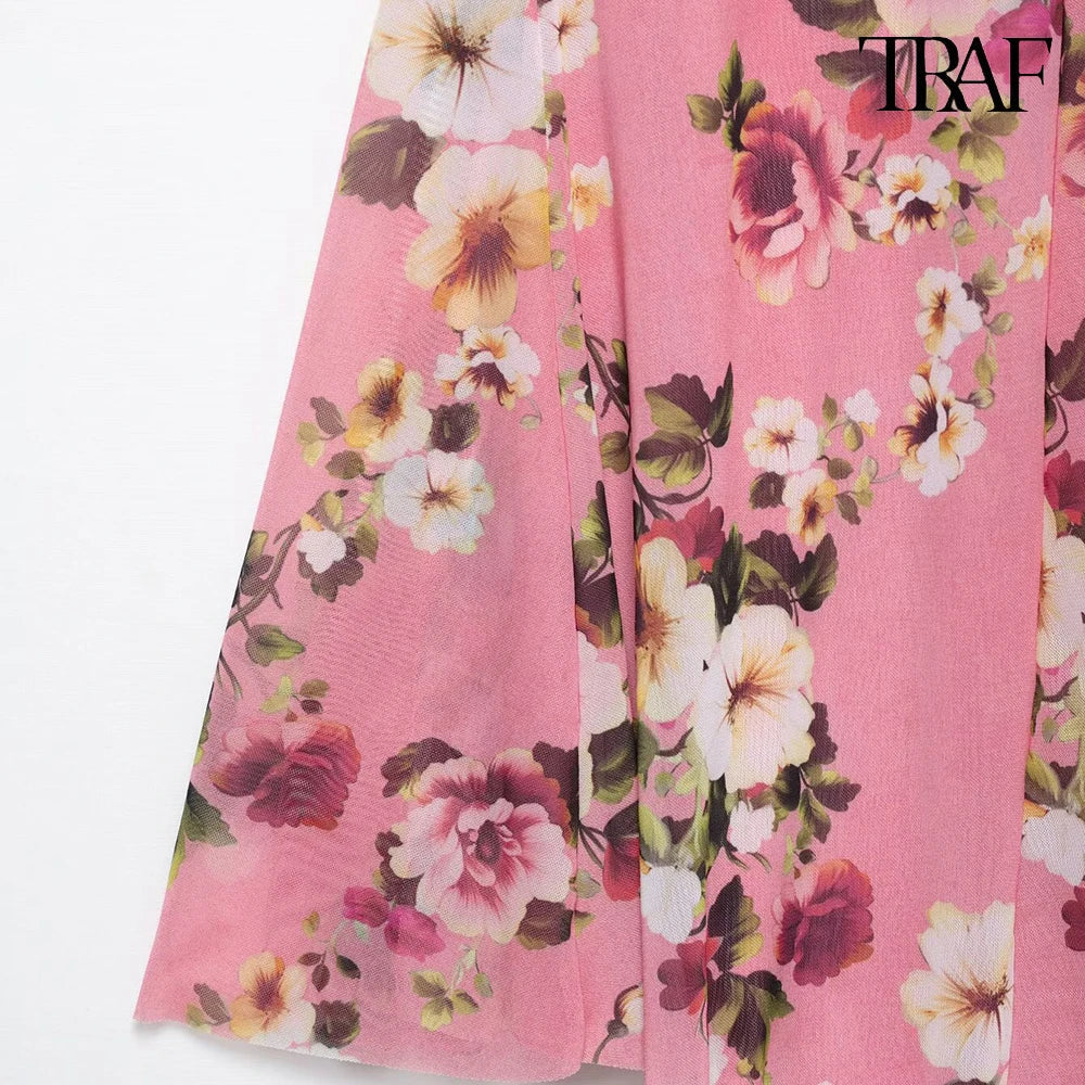 Women's Summer Tulle Floral V-Neck Spaghetti Strap Backless Asymmetric Camisole Top with High Waisted Halter Skirt Set