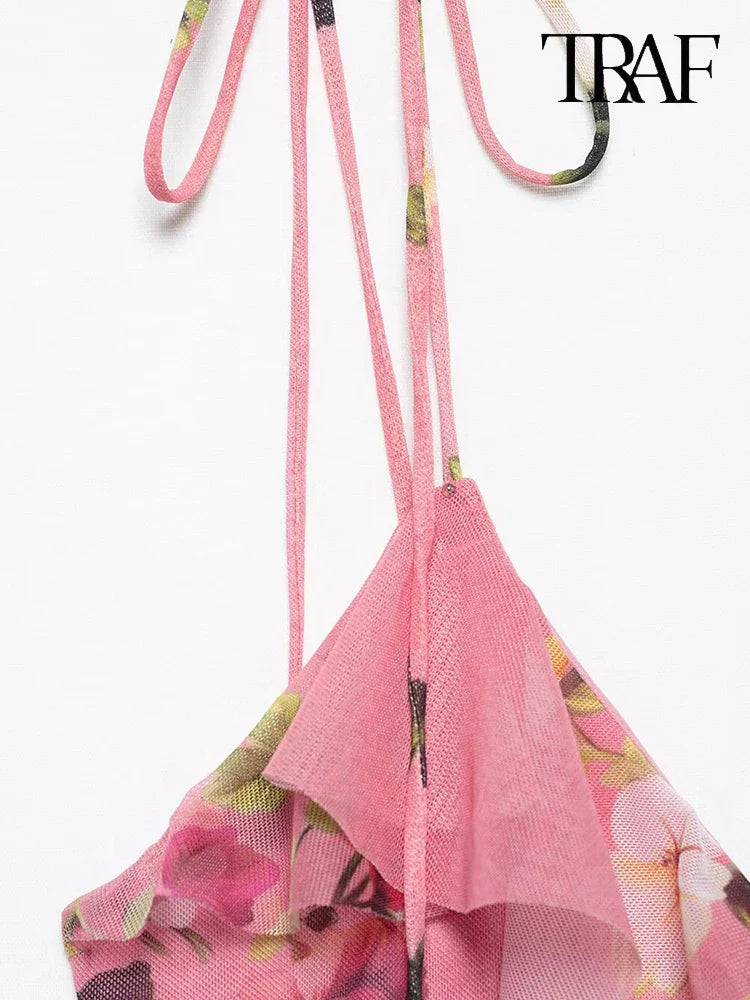 Women's Summer Tulle Floral V-Neck Spaghetti Strap Backless Asymmetric Camisole Top with High Waisted Halter Skirt Set