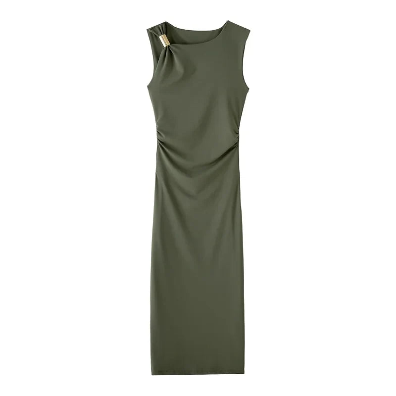 Elegant Black Pleated Maxi Dress for Women Sleeveless Midi Dress with Draped Design Perfect for Summer Beach Holidays