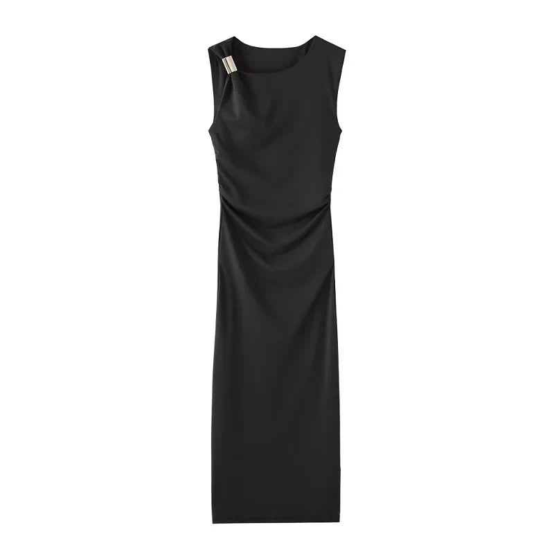 Elegant Black Pleated Maxi Dress for Women Sleeveless Midi Dress with Draped Design Perfect for Summer Beach Holidays
