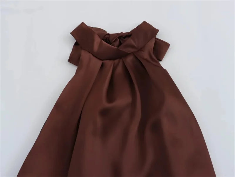 Elegant Satin Halter Dress for Women Off Shoulder Backless Long Sleeveless Evening Party Gown