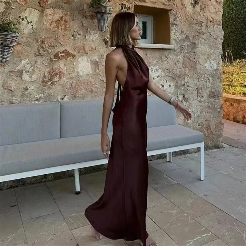 Elegant Satin Halter Dress for Women Off Shoulder Backless Long Sleeveless Evening Party Gown