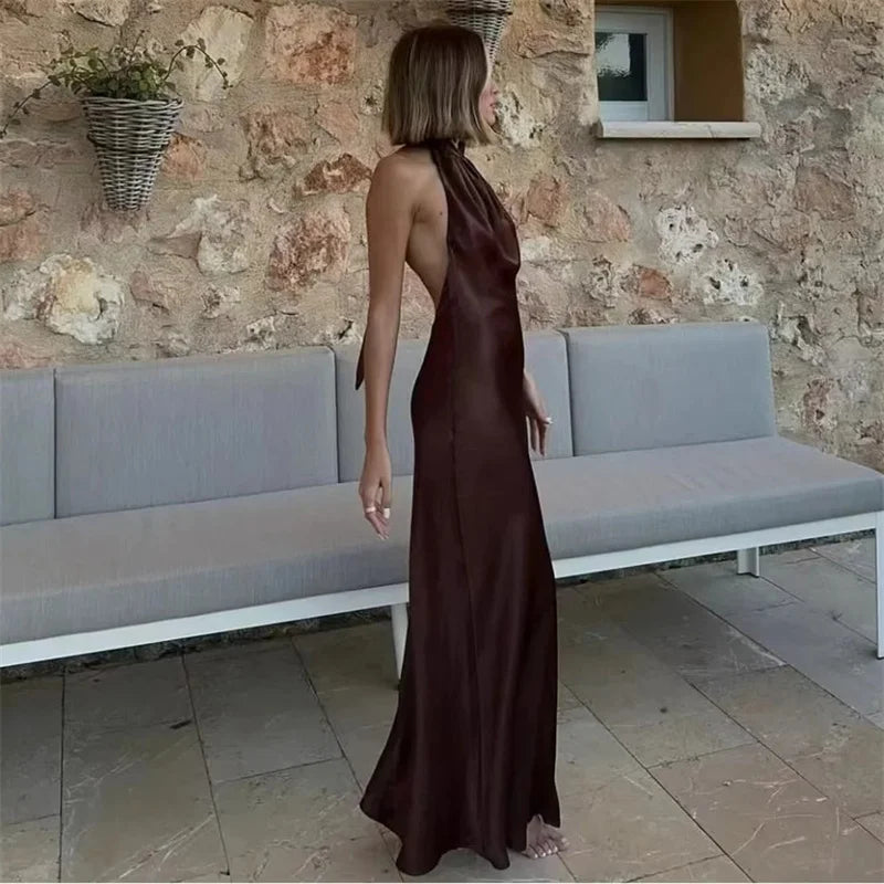 Elegant Satin Halter Dress for Women Off Shoulder Backless Long Sleeveless Evening Party Gown