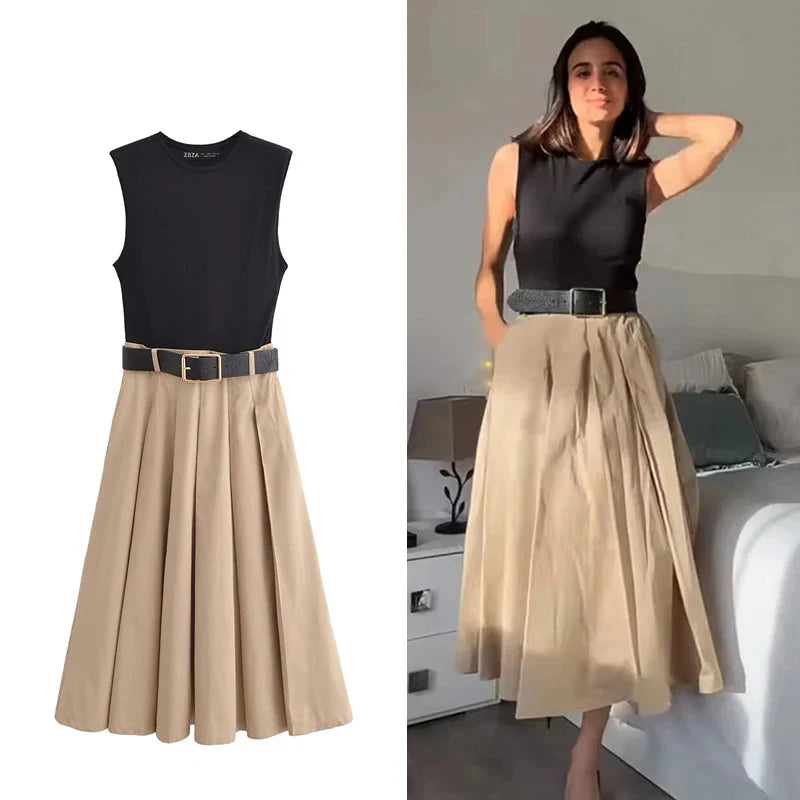 Elegant Woman's Pleated Midi Dress with Belt and Sleeveless Design for Summer and Party Wear