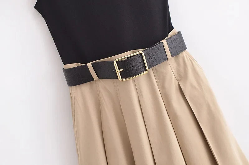 Elegant Woman's Pleated Midi Dress with Belt and Sleeveless Design for Summer and Party Wear