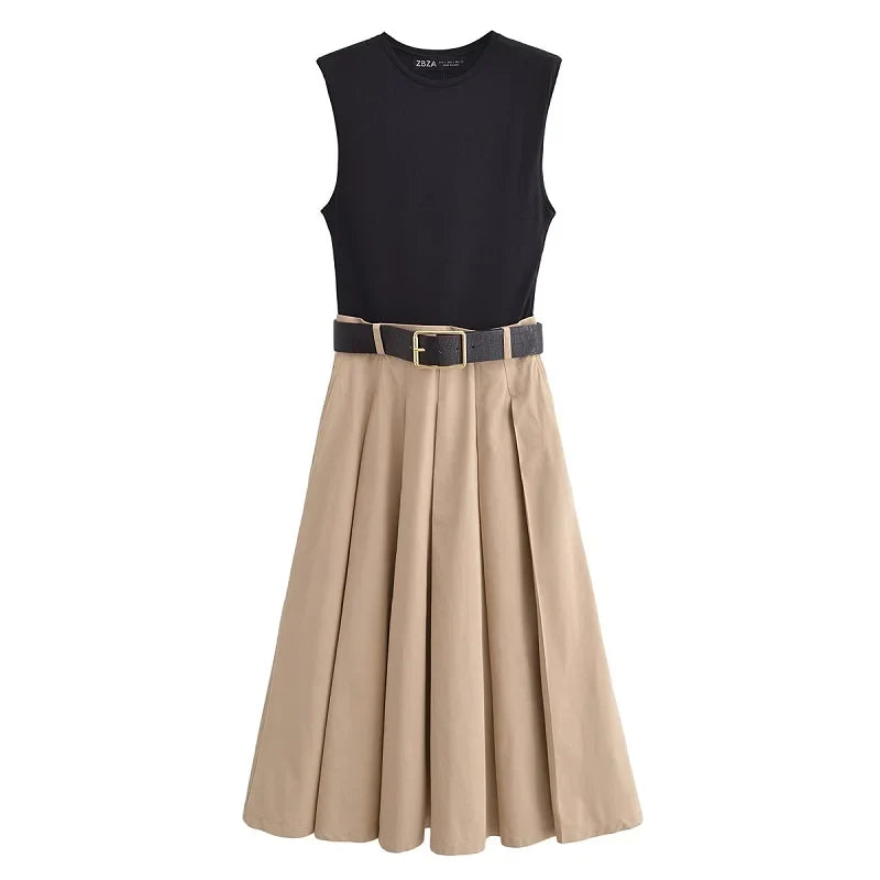 Elegant Woman's Pleated Midi Dress with Belt and Sleeveless Design for Summer and Party Wear