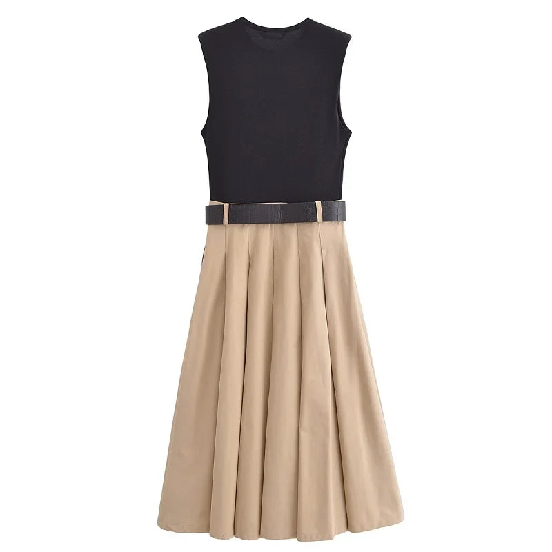 Elegant Woman's Pleated Midi Dress with Belt and Sleeveless Design for Summer and Party Wear