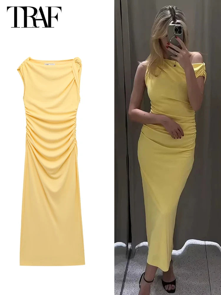 Yellow Draped Asymmetric Maxi Dress for Women Sleeveless Party Beach Summer Dress with Pleats