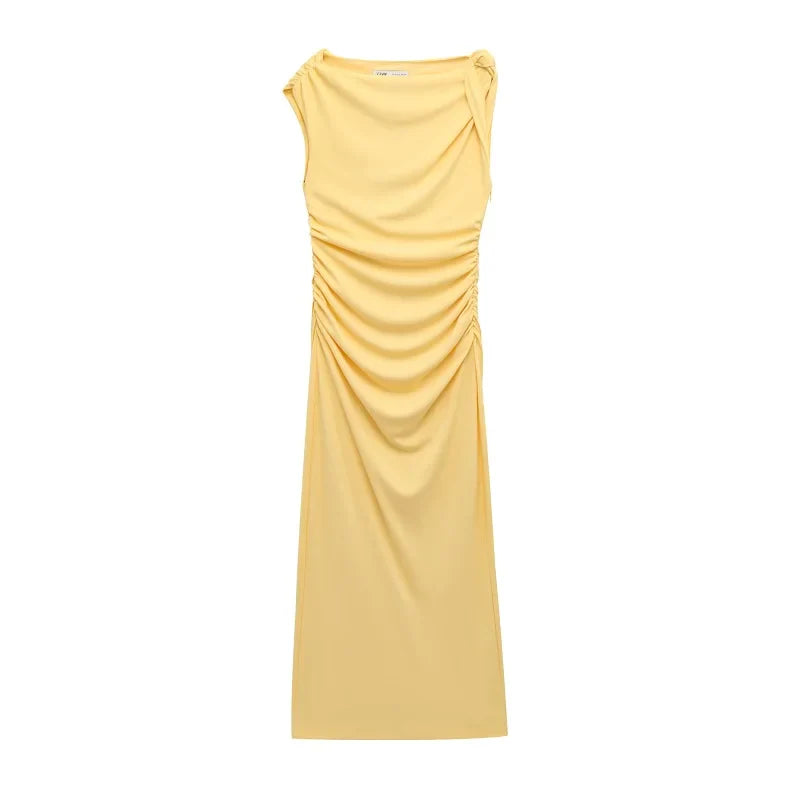 Yellow Draped Asymmetric Maxi Dress for Women Sleeveless Party Beach Summer Dress with Pleats