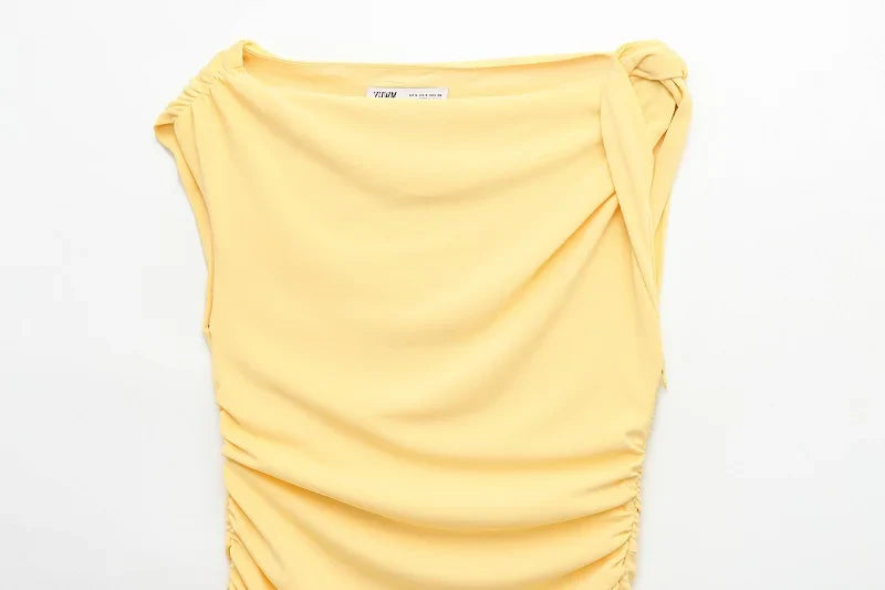 Yellow Draped Asymmetric Maxi Dress for Women Sleeveless Party Beach Summer Dress with Pleats