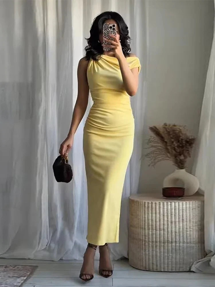 Yellow Draped Asymmetric Maxi Dress for Women Sleeveless Party Beach Summer Dress with Pleats