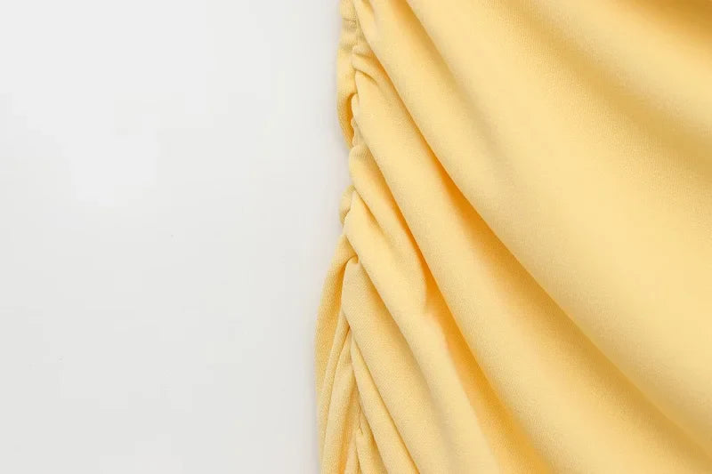 Yellow Draped Asymmetric Maxi Dress for Women Sleeveless Party Beach Summer Dress with Pleats