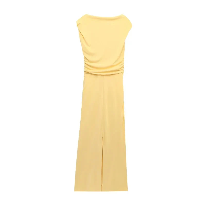 Yellow Draped Asymmetric Maxi Dress for Women Sleeveless Party Beach Summer Dress with Pleats
