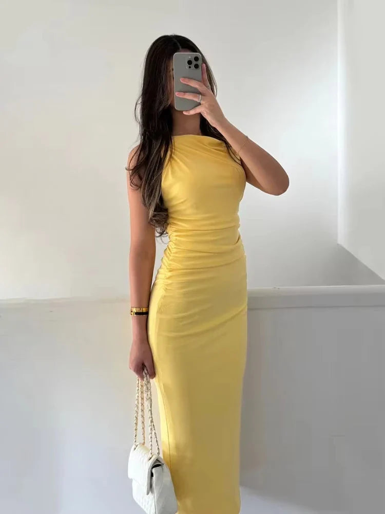 Yellow Draped Asymmetric Maxi Dress for Women Sleeveless Party Beach Summer Dress with Pleats