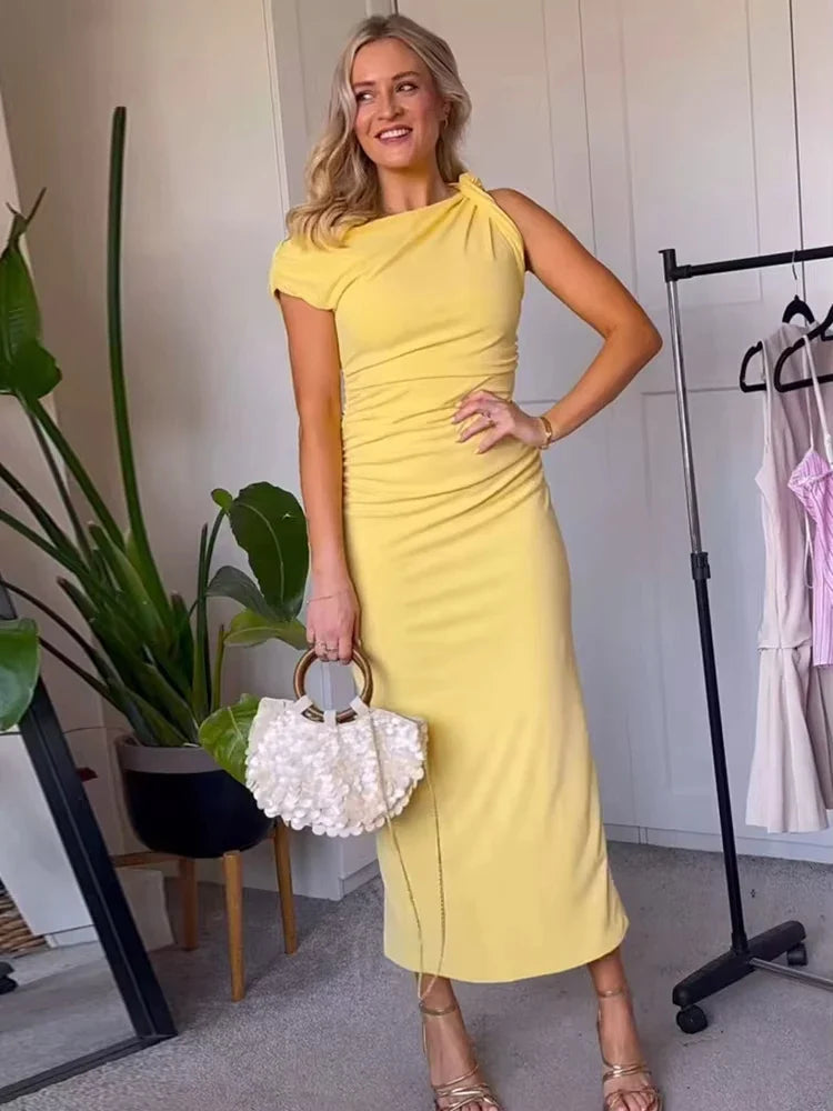 Yellow Draped Asymmetric Maxi Dress for Women Sleeveless Party Beach Summer Dress with Pleats
