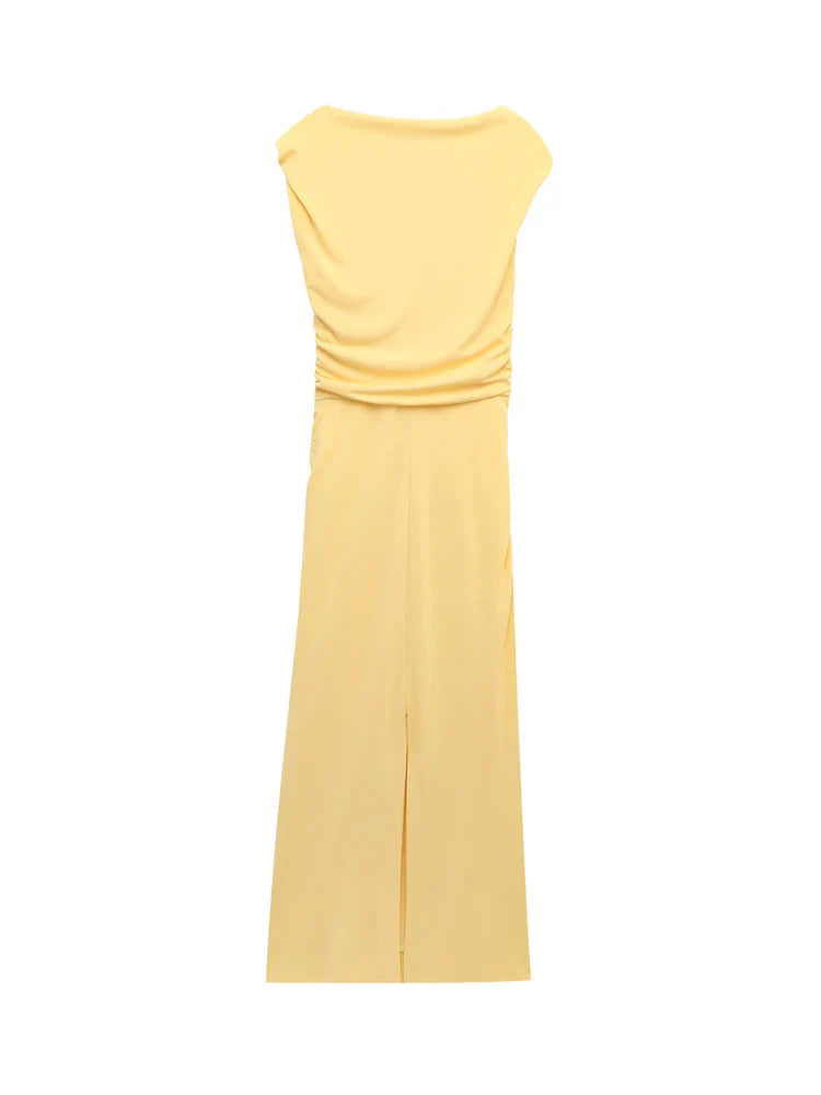 Yellow Draped Asymmetric Maxi Dress for Women Sleeveless Party Beach Summer Dress with Pleats