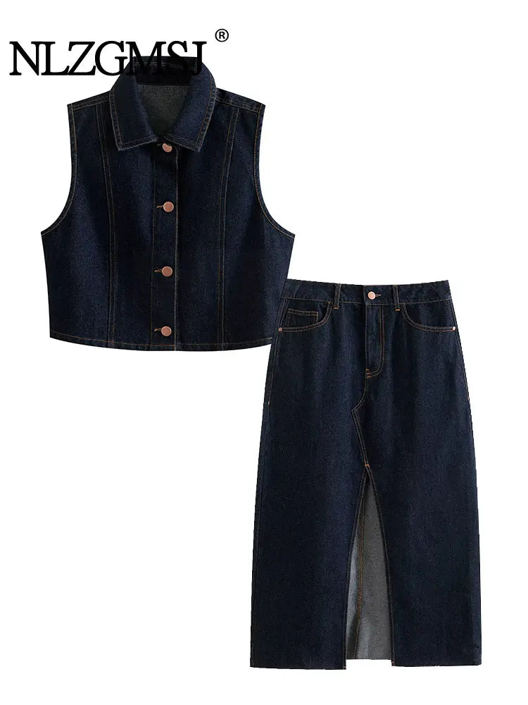 Casual Denim Long Skirt and Cropped Vest Set for Women Stylish Denim Coat Suit Casual Chic Outfit
