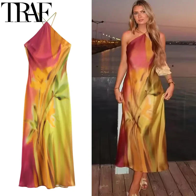 Vivid Print Halter Midi Dress for Women Long Tie Dye Satin Backless Summer Dress Elegant Holiday Wear