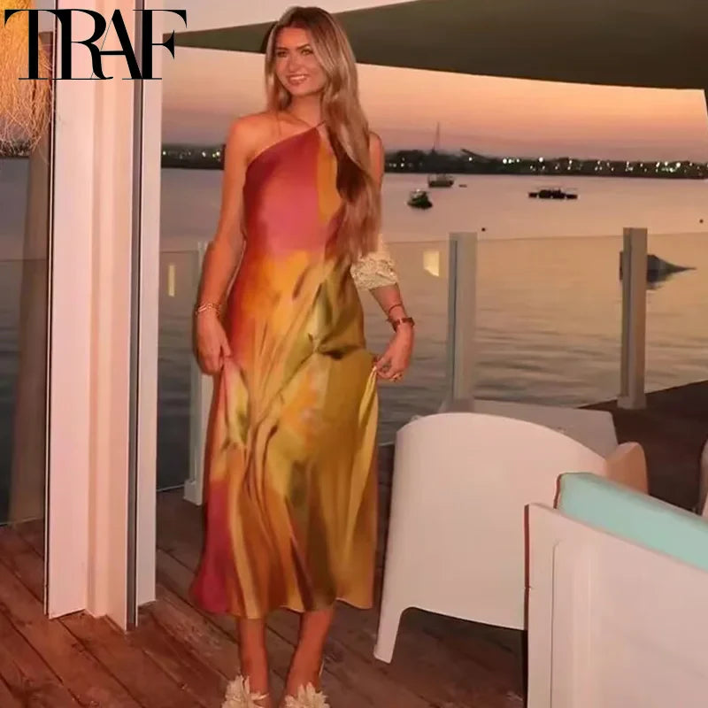 Vivid Print Halter Midi Dress for Women Long Tie Dye Satin Backless Summer Dress Elegant Holiday Wear