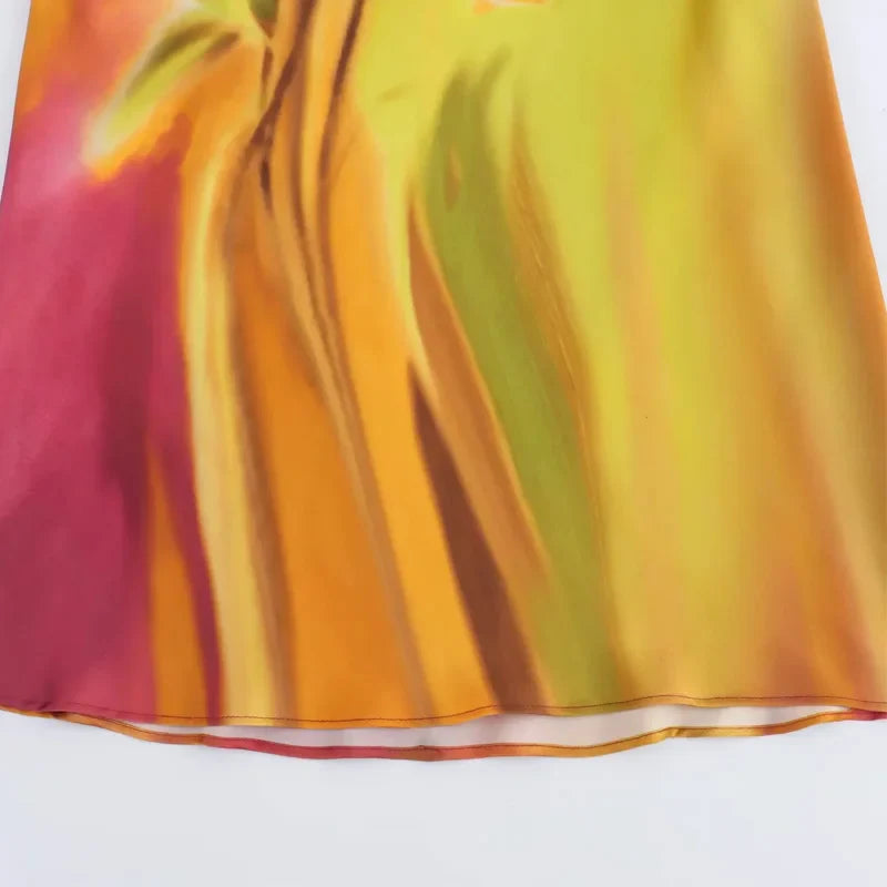 Vivid Print Halter Midi Dress for Women Long Tie Dye Satin Backless Summer Dress Elegant Holiday Wear