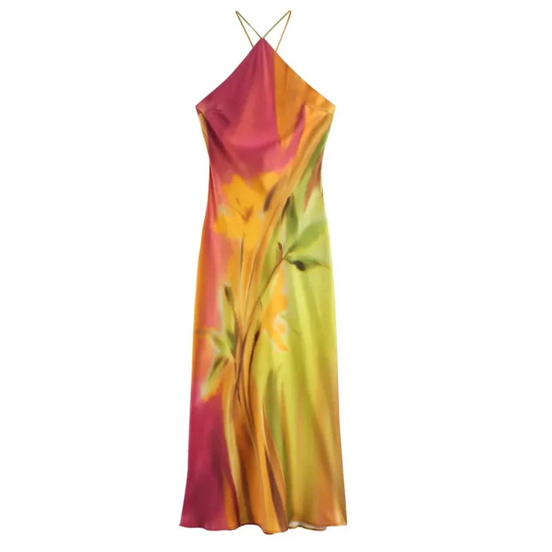 Vivid Print Halter Midi Dress for Women Long Tie Dye Satin Backless Summer Dress Elegant Holiday Wear