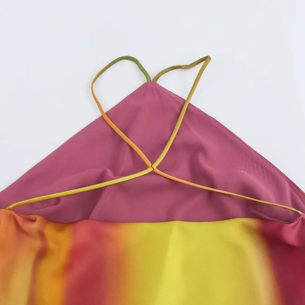 Vivid Print Halter Midi Dress for Women Long Tie Dye Satin Backless Summer Dress Elegant Holiday Wear