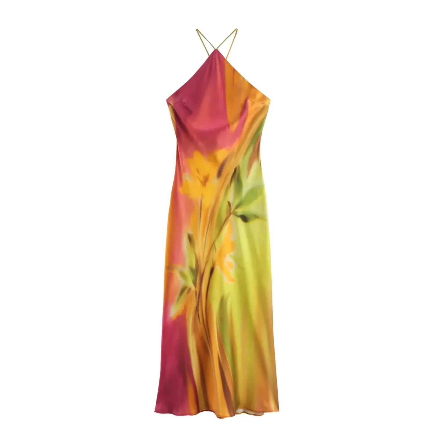 Vivid Print Halter Midi Dress for Women Long Tie Dye Satin Backless Summer Dress Elegant Holiday Wear