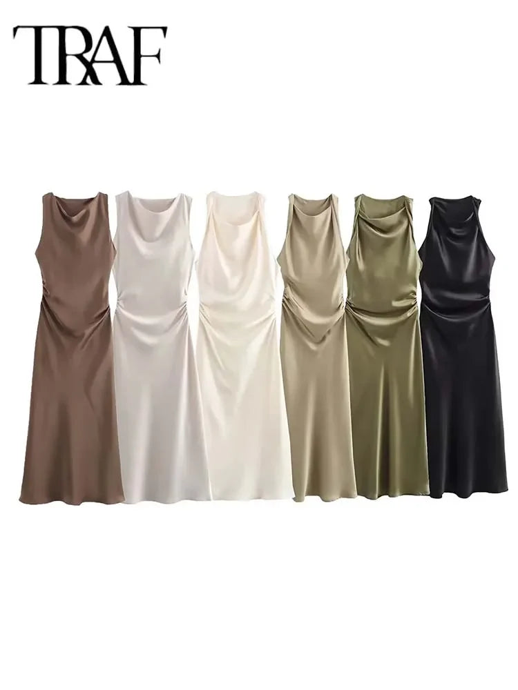 Elegant Satin Long Dress for Women Summer Slip Midi Dress Sleeveless Evening Party Dress Sophisticated Female Evening Wear
