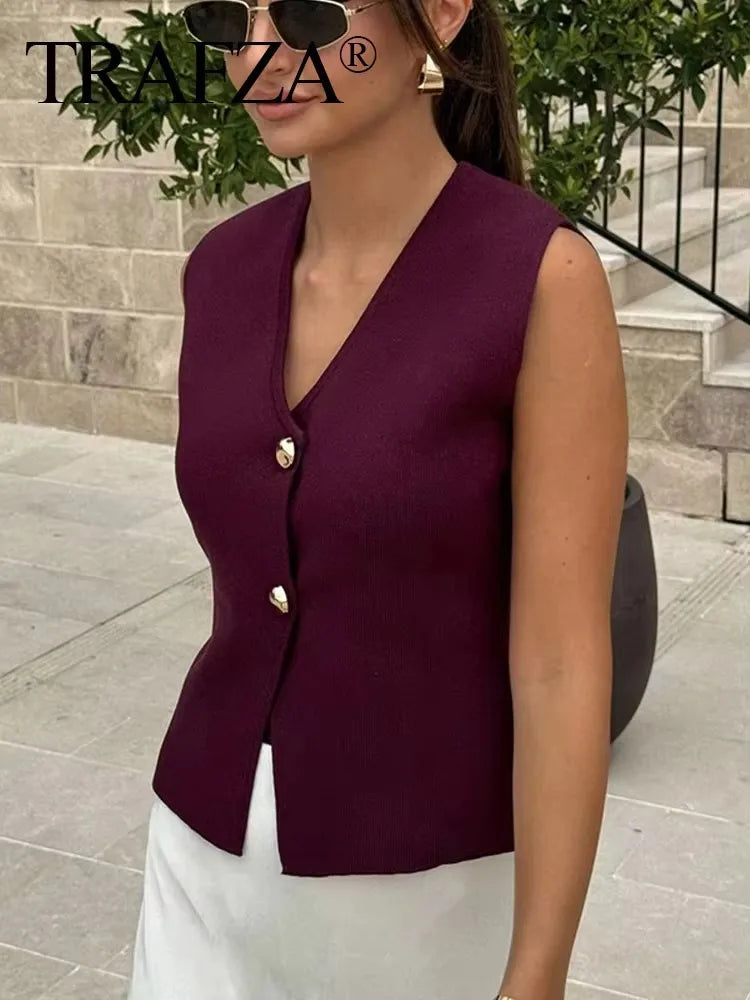 Women Two Piece Knit Vest and Side Zipper Midi Skirt Set Sleeveless V Neck Button Detail Stylish High Street Outfit for Ladies