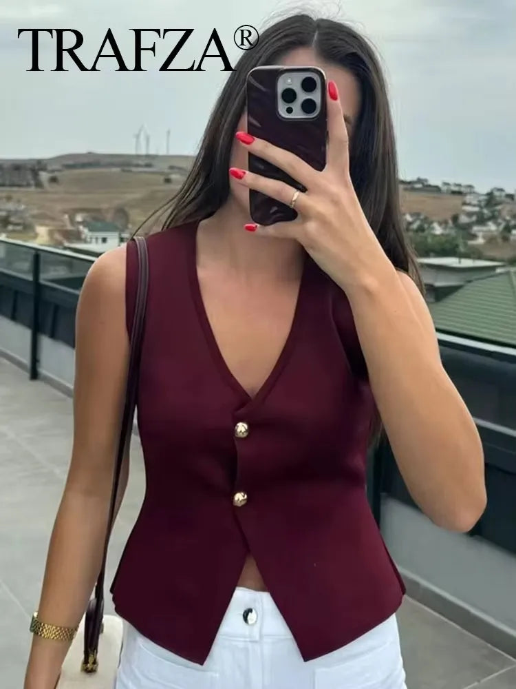 Women Two Piece Knit Vest and Side Zipper Midi Skirt Set Sleeveless V Neck Button Detail Stylish High Street Outfit for Ladies