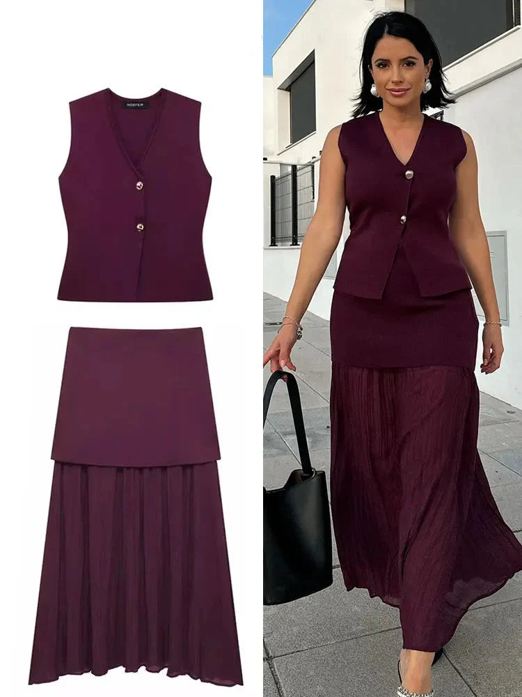 Women Two Piece Knit Vest and Side Zipper Midi Skirt Set Sleeveless V Neck Button Detail Stylish High Street Outfit for Ladies