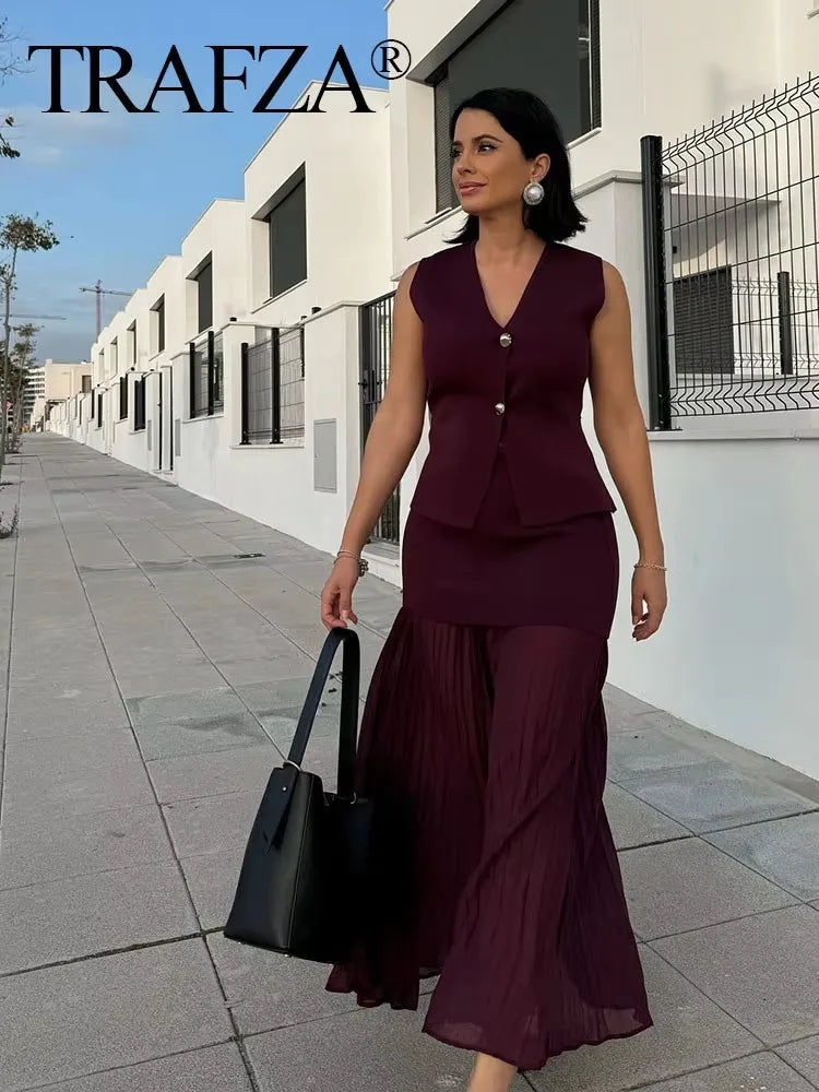 Women Two Piece Knit Vest and Side Zipper Midi Skirt Set Sleeveless V Neck Button Detail Stylish High Street Outfit for Ladies