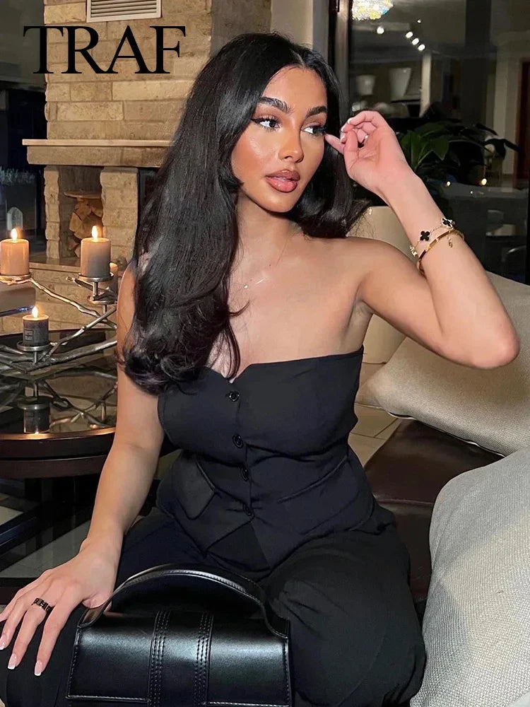 Elegant Two-Piece Women's Outfit Featuring Unique Tight Bra Shorts and Slim High Waist Skirt with Stylish Flip Spliced Tube Corset Top